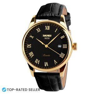 Classic Roman Numeral Analog Watch Business Casual Water Resistant Leather Band